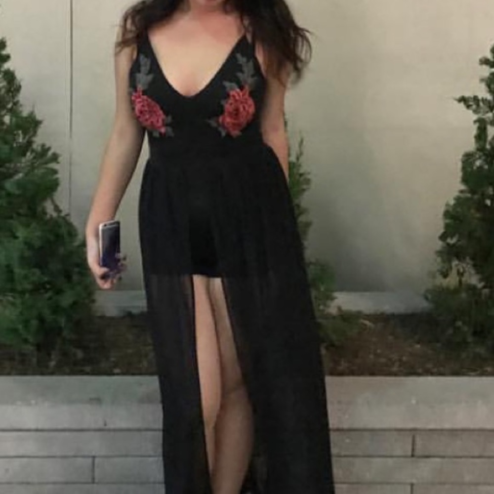 Black one piece, floral accents